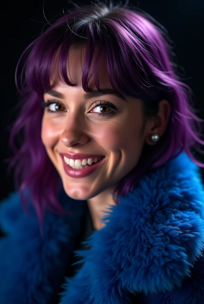 naughty sexy fashion girl, professional, portrait photography, the face looks straight ahead, studio light from above and backlight from behind the head, cute girl (Sharp Focus:1.3), rejoices like a child, there is a very nice smile on the face, very detailed, beautiful detailed face, dark purple hair, --Detailing, whole body, a lot of femininity, blue fur coat, Tempting, Dazzling, Black background, Backlight, installed behind the model, illuminates the back of the head and creates a frame around the head, highlighting the silhouette of the poser against the background