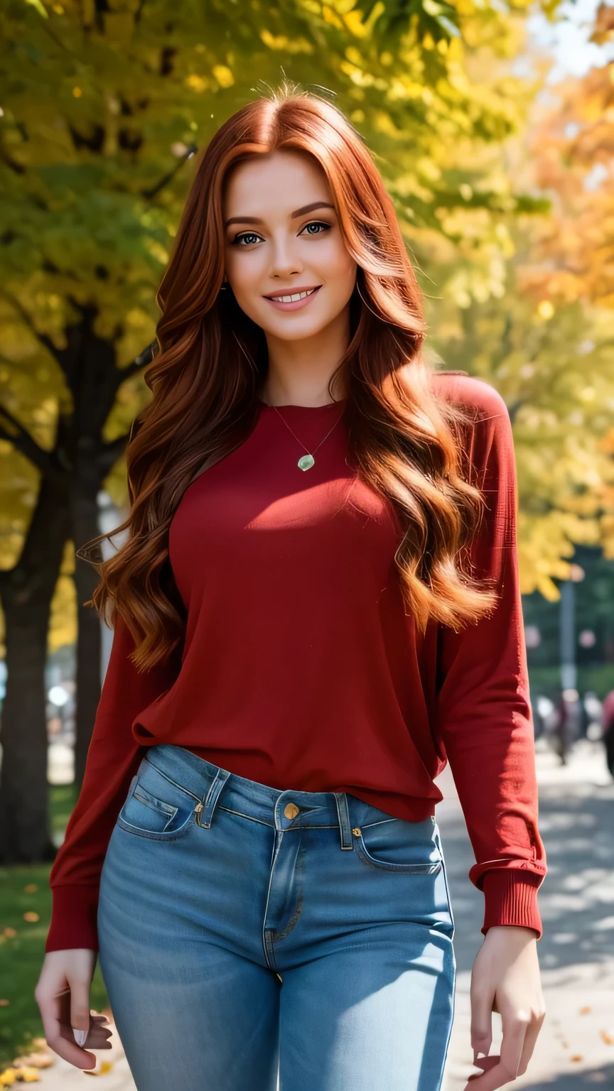 Realistic full body photo of a smiling, Young red-haired girl with long hair, She dances in front of the camera in a red shirt and tight white jeans, Park,glamour fotoshooting, Park, perfect ???????, perfect green eyes. Perfect hands with 5 fingers on each hand, Matching girl, looking at the camera, 1 Frau. (Eye make up:1.1), (highly detailed skin:1.1), spirit, analog style, keen focus, 8K  UHD, dslr, good quality, Fujifilm XT3, Grain, Award-winning, ​masterpiece. Park