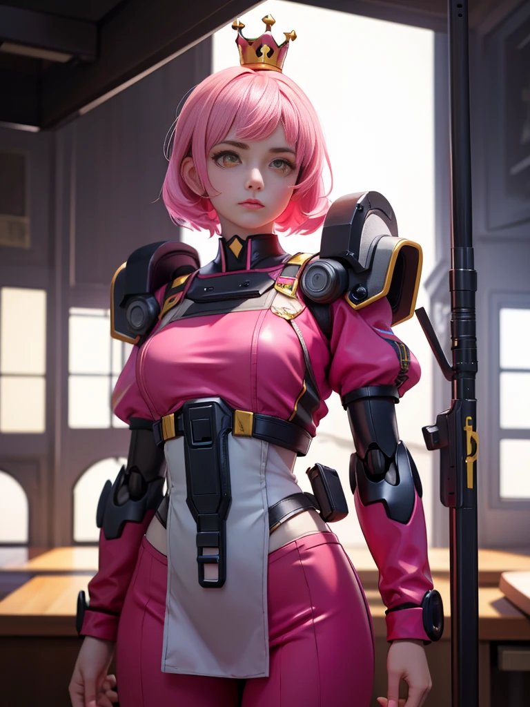 (8k, RAW Photos, Highest quality, masterpiece), Ultra-high resolution, (Realistic, photo-Realistic), One person, Emotionless, alone, Pink Hair, Yellow Eyes, Professional Lighting, Detailed lighting, Backlight, Depth of written boundary, Natural light, Sharp focus, 2 meter shooting range, Professional photography, Detailed eyes, Realistic eyes, Detailed Shadows, CG games, Cosplay, Pink clothes with arm ring, suspenders, Upper Body, Pink clothes, exterior, Crown, Gundam, Mecha, robot