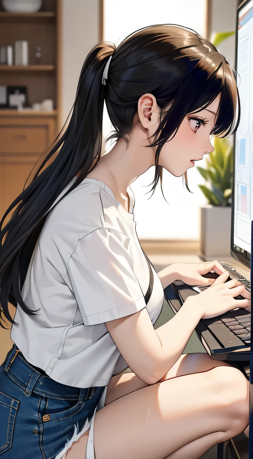 Side view, 20-year-old woman、One person、((A woman is looking at a computer screen))、((Women don't look at the camera)), ((Fearful expression))、Beautiful black hair、Long Hair, (Ample breasts), ((Short sleeve white T-shirt)),((Denim shorts)), blush