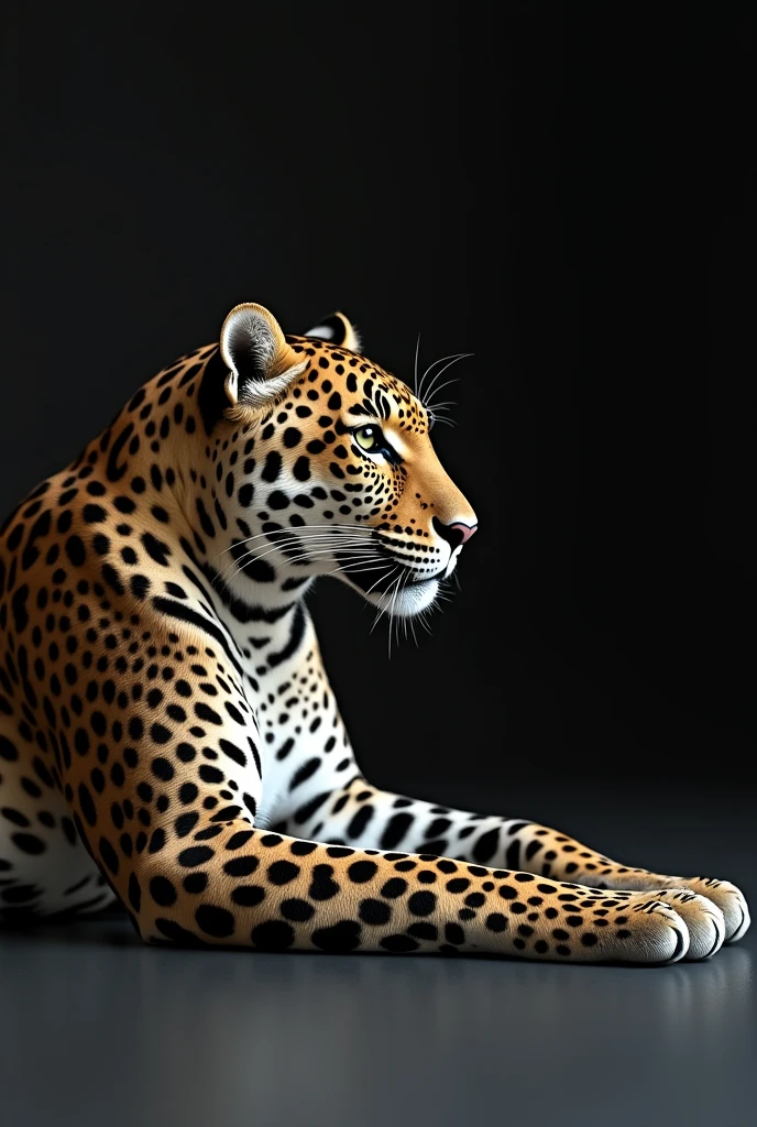 A hyper-realistic high-resolution photograph of a leopard lying gracefully. The leopard is relaxed, its fur displaying intricate, realistic patterns as it lies close to the model’s feet. The lighting is editorial-style, with soft yet defined shadows, enhancing the minimalist and elegant atmosphere. --ar 2:3 --style raw --stylize 200 --v 6.1