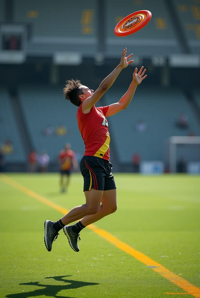 Ultimate frisbee player trying to catch the flying disc
