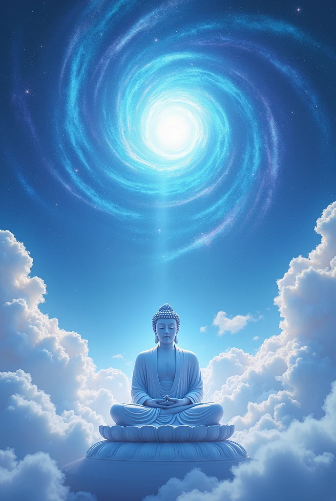 
                (  perfect anatomy ) Exquisite bright white Buddha statue, kind and compassionate, sitting in meditation in the sky, wide-angle lens shot from bottom to top, tranquil background with vortex, high dynamic rotating stars, clouds, blue and purple, exquisite art, realistic ultra-fine digital art style, blue fluorescent, luminescent, The transparent luminous wide-angle lens shoots from bottom to top, full of fantasy elements and a dreamy, mysterious and magical atmosphere.,Romantic movie shooting master art masterpiece high detail high detail digital art，fantasy art show，Surrealism