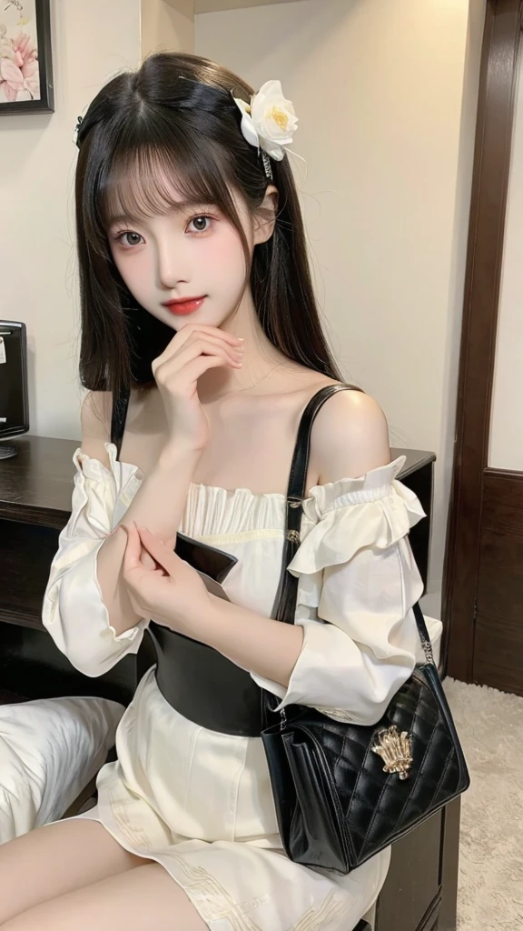 a close up of a woman wearing a white dress and a black purse, beautiful south korean woman, gorgeous young korean woman, korean girl, beautiful young korean woman, gorgeous chinese model, beautiful asian girl, korean woman, lovely woman, chinese girl, a beautiful young woman, cute elegant pose, lovely delicate face, very beautiful girl, young adorable korean face, ulzzang