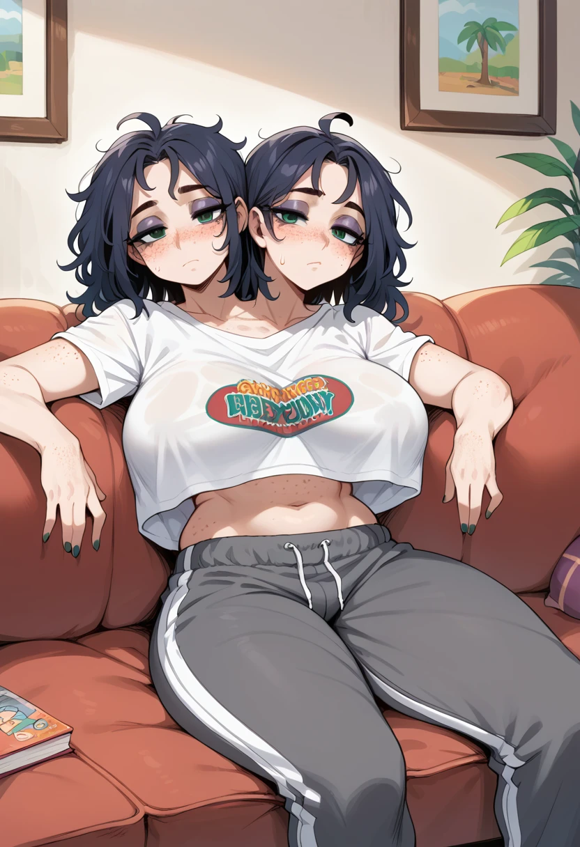 2 heads, a tall chubby woman with 2 heads. In a cozy living room. Wearing baggy oversized pajama shirt. Mature. Long straight dark purple hair. Wearing bandana. Thick eyeliner. Thick eyebrows. Blushing. Cute. Happy. Smiling wide. Milf. Thick thighs. Enormous thighs. Thin waist. Wife. Seductive, sexy. Blushing, biting lip. Lifting shirt.