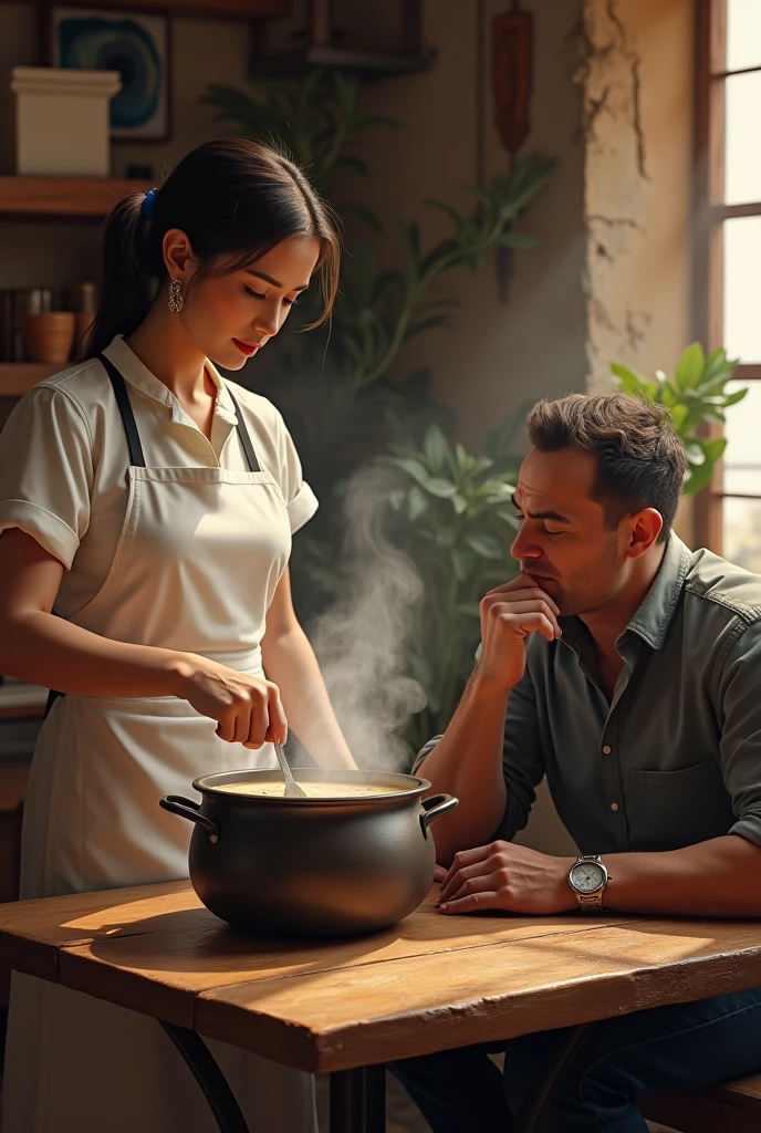 Make a realistic image with the following described:
A waitress is mixing an atole and next to her at a table is a man touching his throat and tasting himself..