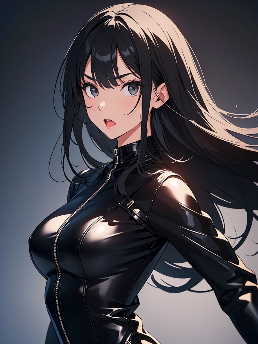 Girl, serious features,(hands behind back), ((she has black eyes+Long black hair+Short black leather dress)), (mouth open), high definition, high detailing, detailed face, detailed eyes, detailed body