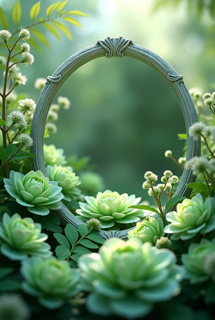 A floral image in green tones with the image of a mirror