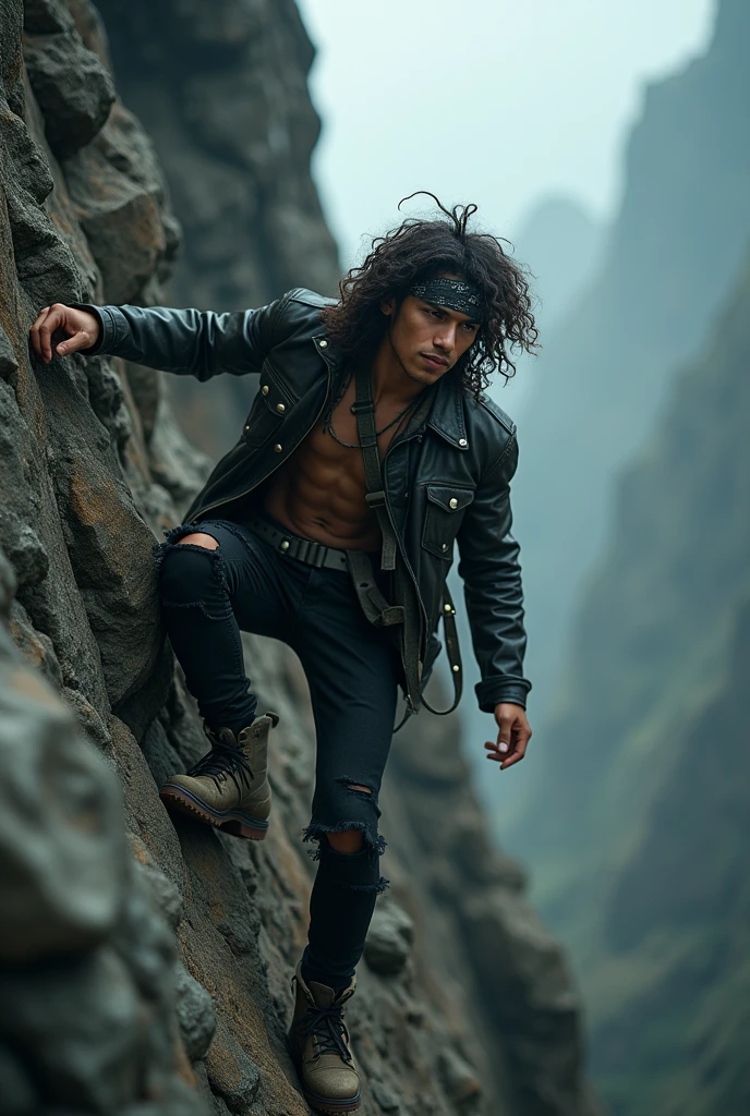 Photography of a 20 year old Asian guy with long curly hair wearing a leather jacket, torn black pants, boots, wearing a headband, climbing a cliff, cool background