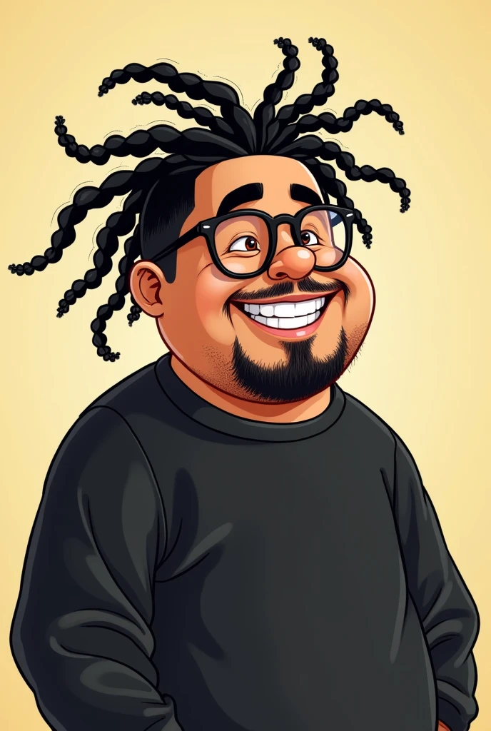 a chubby young man, with glasses, goatee, black sweatshirt, with braids, in a cartoon style
