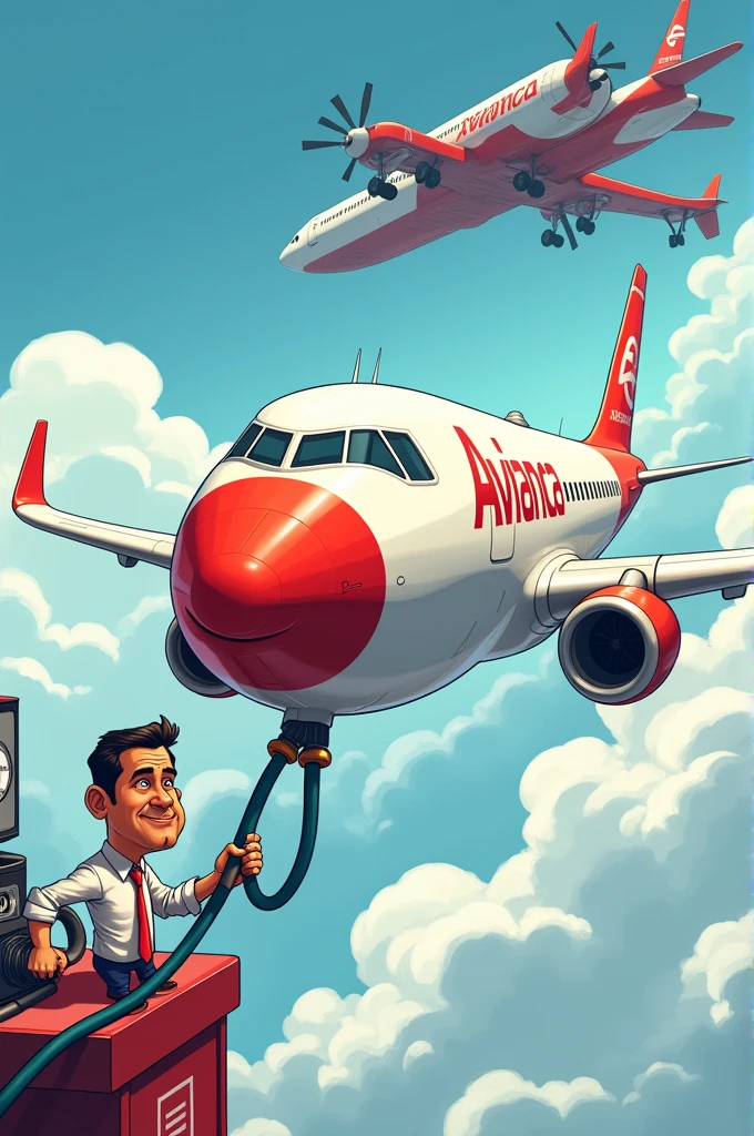 Cartoon of a white and red Avianca plane refueling at an air gas station and the one refueling is President Petro