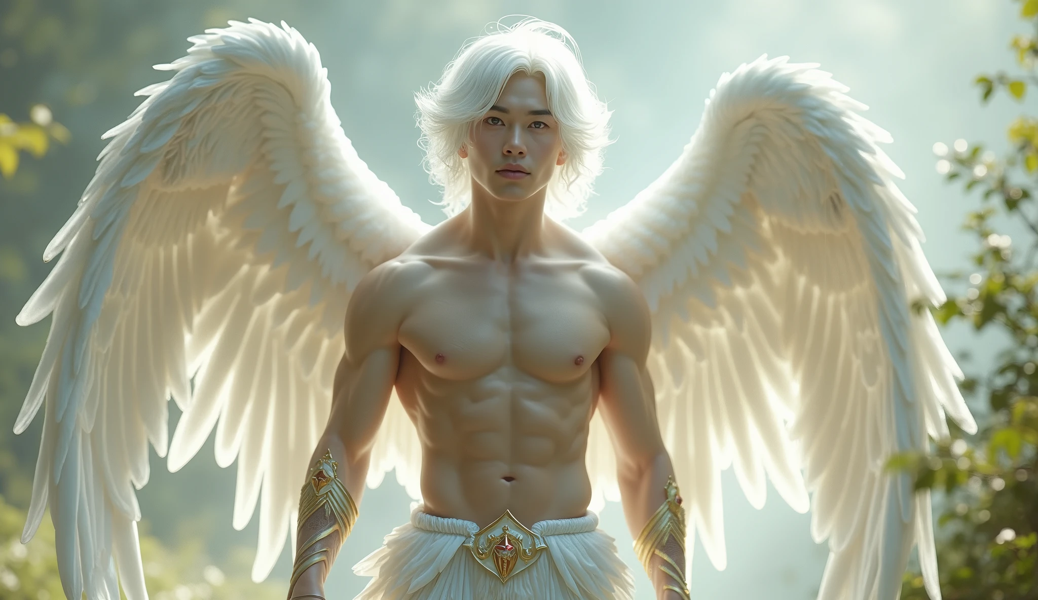 A gentle, white-winged male Asian feature albino angel (simple design) - Soft colors, with a subtle glow, white wavy 8" hair, white skin, purpled color eyes, most handsome masculine male angel, 11'0" tall, white and gold large wings, built-in gold armor on chest and arms, large muscular biceps, large thighs, chiseled ads, define jawline, pearl white lower garment, 32K UHD, masterpiece, best quality, style raw, walking through an enchanted garden of Eden. - Ethereal background, with a subtle texture, naked chest, lined with gold, Large white and Gold wings. the angel is a man