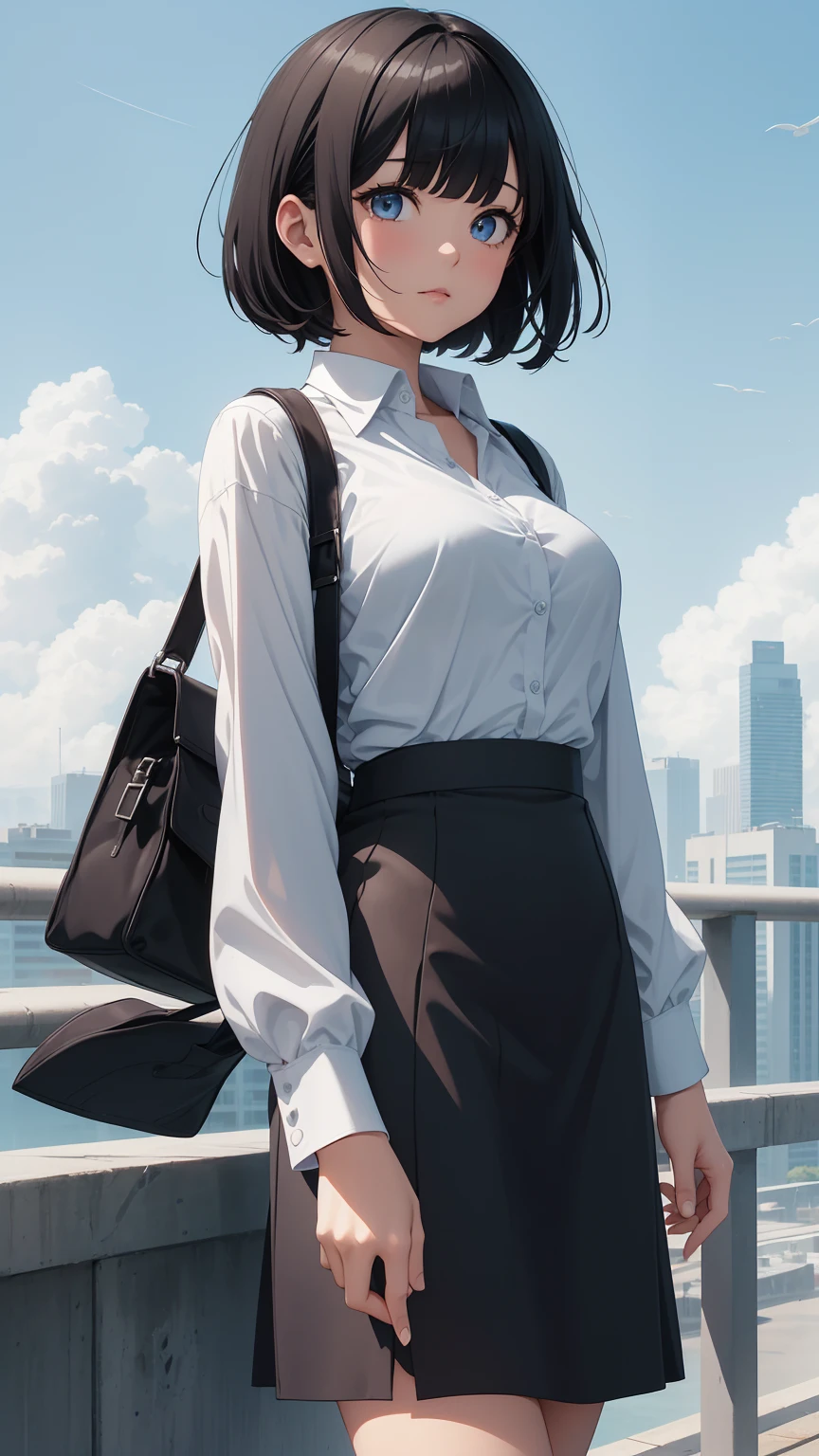 Highest quality, flying debris、Beautiful woman、office lady、Black Hair、(Dark blue eyes、Blunt bangs)、short hair、new employee,whole bodyショット、Female office lady、break(Light blue collarless shirt、black pencil long skirt:1.2)、(black tights、High heels)、break(Outdoor、Summer sky、Looking up at the sky:1.3)、(((whole body)))、Big Breasts