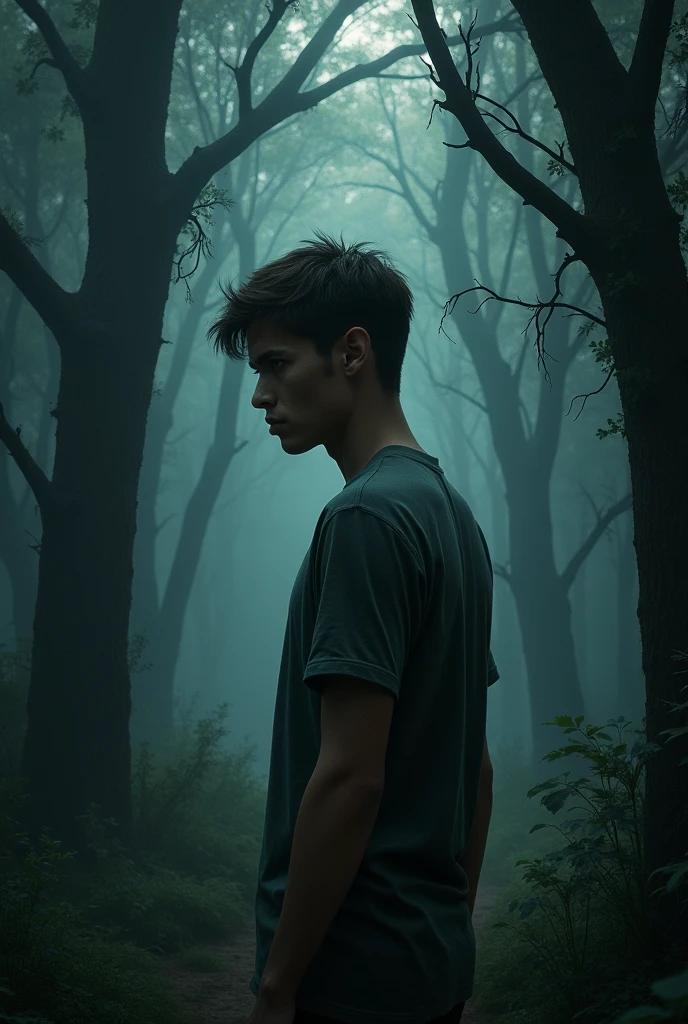 A young man turned his back on the dense forest with a scared face