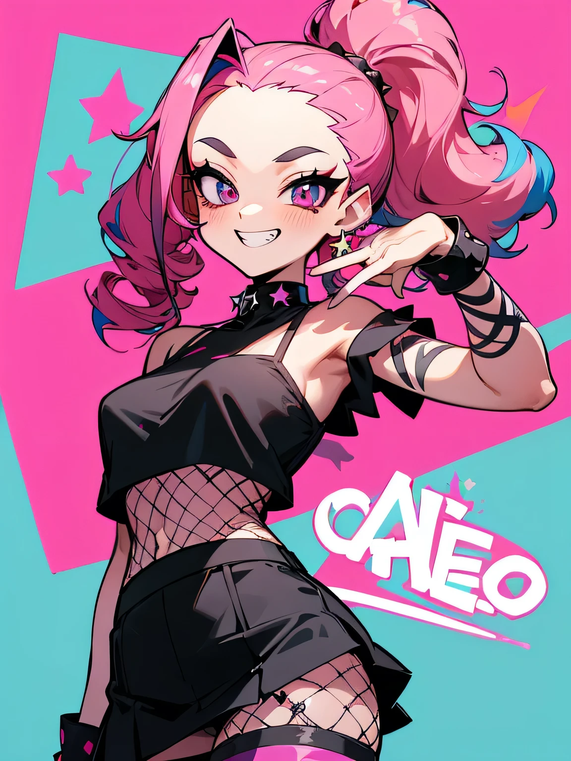 solo, upperbody, multicolor curly sideup hair, (tsurime), big forehead, eyelash, punk lady clothing, offshoulder, black camisole, pink miniskirt, fishnet stockings, punk rock image, (diva),(I am the star)、grin