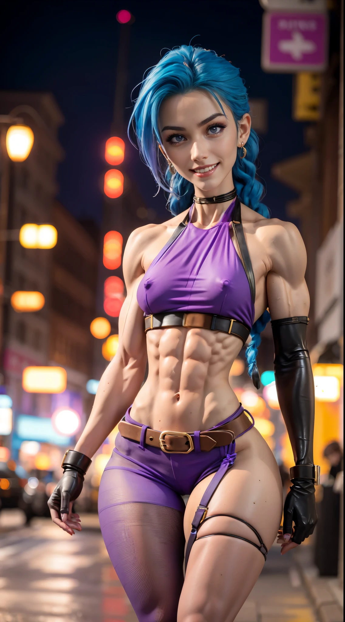 (muscular:2), (thick thighs:2),
(jinxlol), (evil smile, naughty face:1.6), blue hair, long braid, tattoos, blue eyes,
eyeshadow, red lips, earrings,
(small breasts:1.5), (hard nipples:1.2),
(midriff, purple halter top:1.6), (cleavage), (tight pink shorts:1.2), choker, (fingerless gloves:1.2), (belts:1.2), (bracelets), bullets, (pantyhose, boots:1.3),
(looking at viewer:1.4), three quarter view,
(city at night), rim lighting, two tone lighting, dim lighting, bokeh, detailed skin, detailed eyes