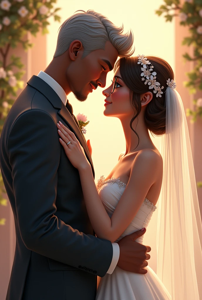 Imagine a couple in love , a man with gray hair and brown eyes , dark skin and big mouth measuring one meter seventy and a woman with brown hair and blue eyes wearing glasses dressed as a bride and groom the man dressed as a groom and the woman dressed as a bride , woman measuring one meter and sixty man without beard and darker skin