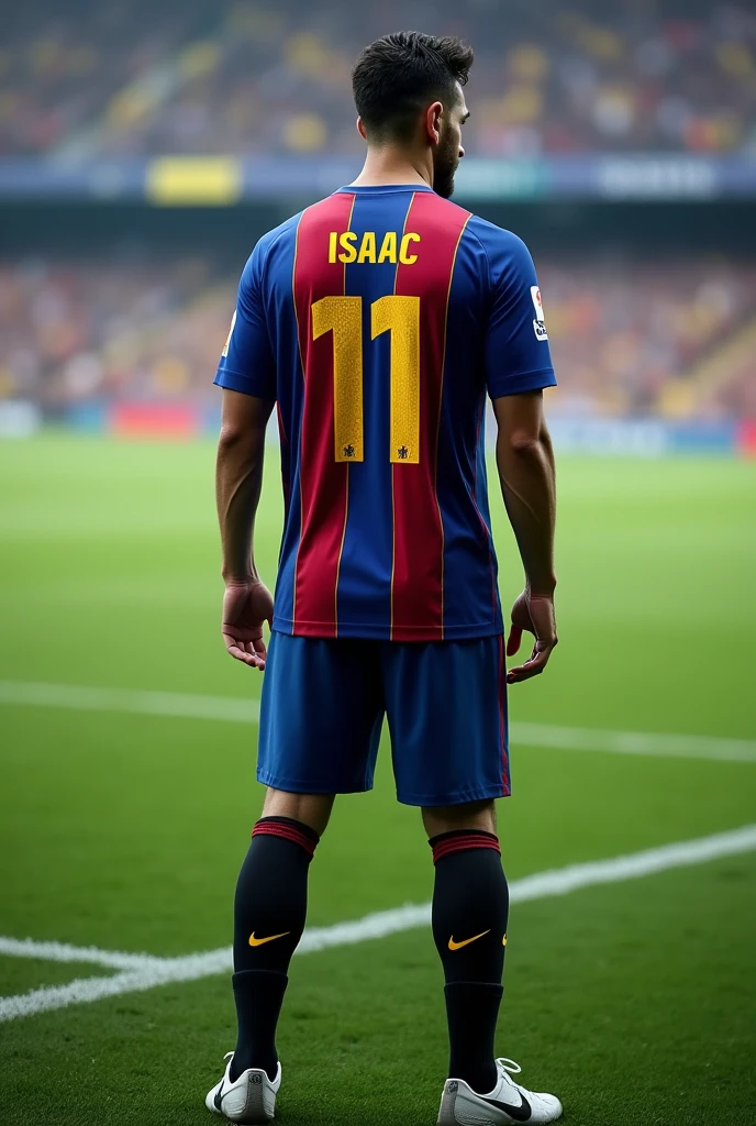Footballer with a Barca shirt with the name Isaac and the number 11 with black socks up to the middle of the foot and Nike sneakers