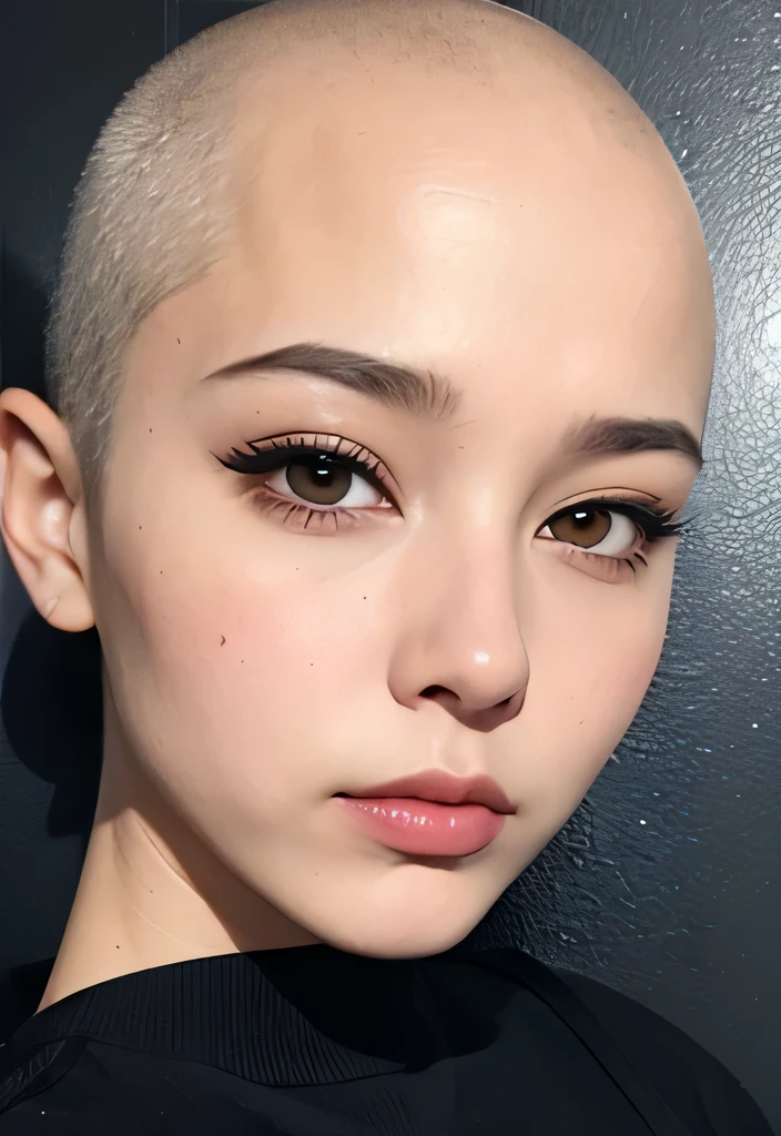 Passport picture, facing front, sensual face, looking forward, maintains eye contact with the viewer, smooth perfect skin, dark eyeliner, full face visible, High quality, portrait, passport style picture, official document photograph, bald beauty, bald is beautiful, no hair,