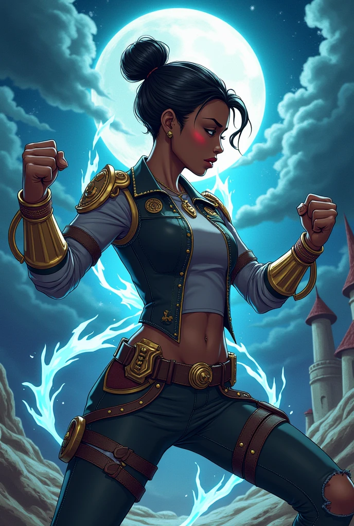Imagine a black woman, appearing from the middle of the body upwards, with short hair tied up, similar to Mel Medarda from Arcane, conservative arcane vest, doing a fighter pose with her fists and magic, in a medieval fantasy setting with the full moon in the background, in steampunk style anime drawing