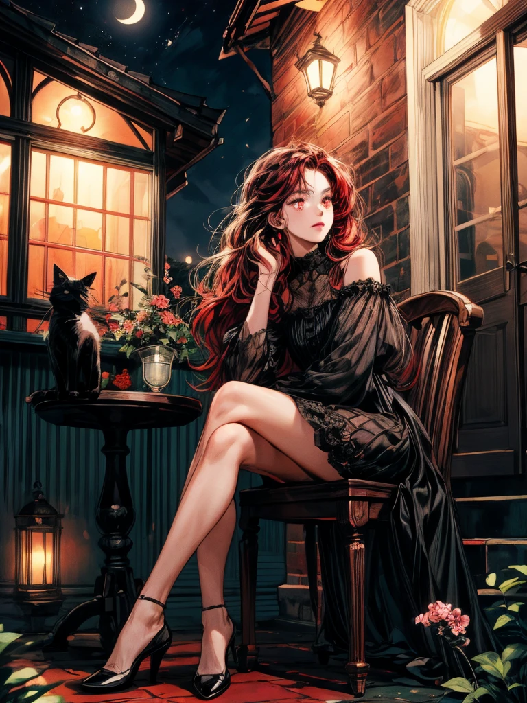 beautiful woman, (((full body))), ((background outdoor house)), (best quality), 1girl, solo A room with glass windows, curtains, a young woman with long black hair, red hair , White eyes with red pupils stare at sky, sitting on a chair, She is sitting and drink wild in front of the house., There are flowers, flower pots, a table, a wine glass, a wine bottle, a lamp, a black cat, Outside the window, there is a dark sky and stars.