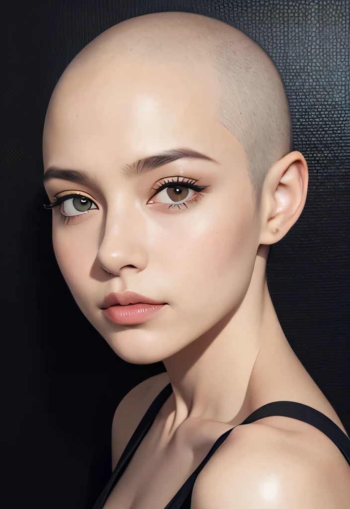 Passport picture, facing front, sensual face, looking forward, maintains eye contact with the viewer, smooth perfect skin, dark eyeliner, full face visible, High quality, portrait, passport style picture, official document photograph, bald beauty, bald is beautiful, no hair,