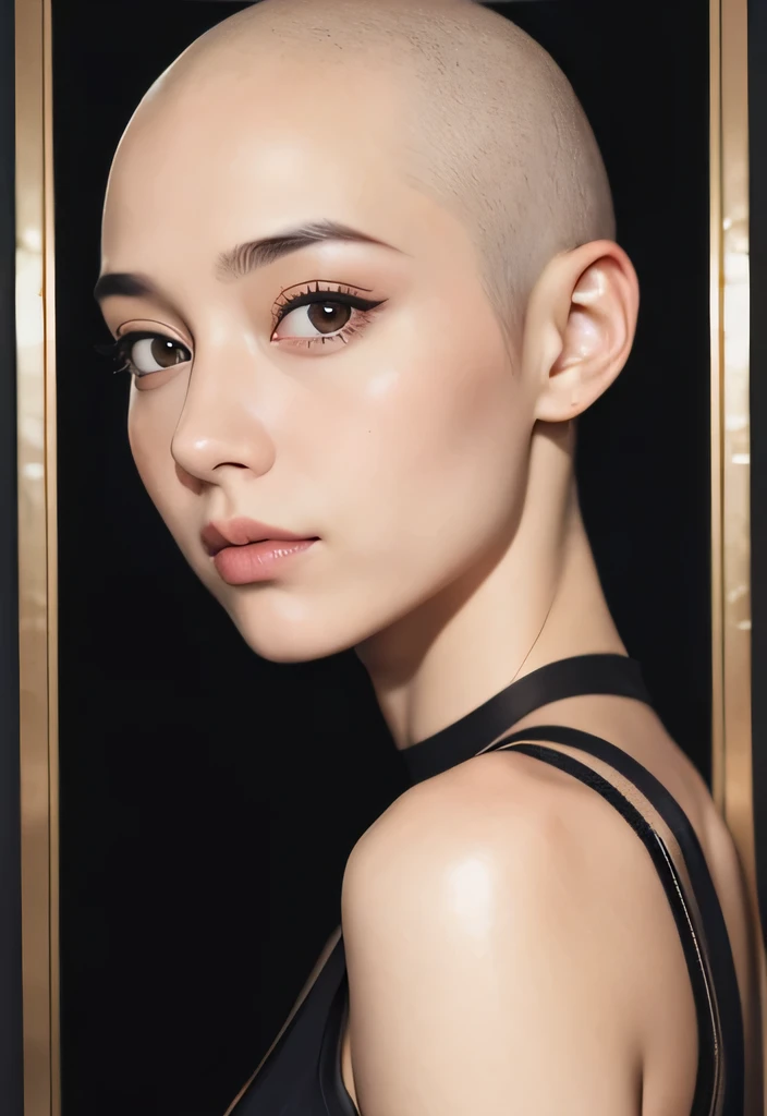 Passport picture, facing front, sensual face, looking forward, maintains eye contact with the viewer, smooth perfect skin, dark eyeliner, full face visible, High quality, portrait, passport style picture, official document photograph, bald beauty, bald is beautiful, no hair,