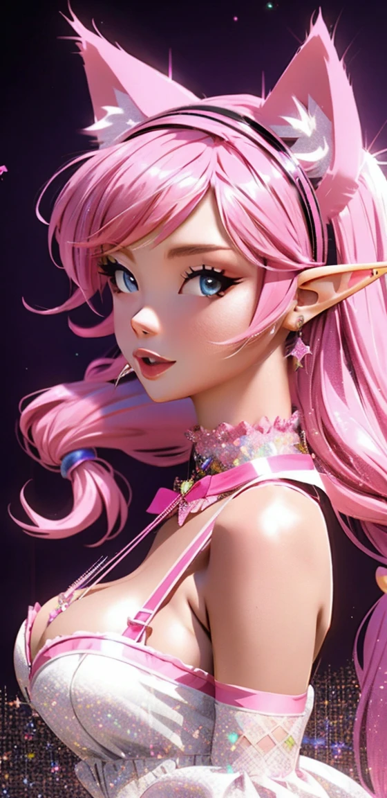 a girl with pink hair with musical note haire accessories and fake cat ears, cat ears head band, elf girl, cute girl wearing pink and blue Anime, 4k, Beautiful woman ,Older woman, Toned physique, long hair , bard, songstress, musical, magical girl outfit, music notes hair accessories,
