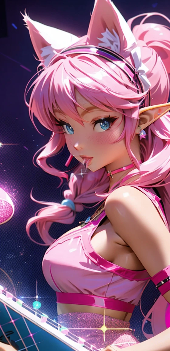 a girl with pink hair with musical note haire accessories and fake cat ears, cat ears head band, elf girl, cute girl wearing pink and blue Anime, 4k, Beautiful woman ,Older woman, Toned physique, long hair , bard, songstress, musical, magical girl outfit, music notes hair accessories,
