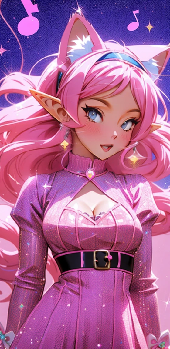 a girl with pink hair with musical note haire accessories and fake cat ears, cat ears head band, elf girl, cute girl wearing pink and blue Anime, 4k, Beautiful woman ,Older woman, Toned physique, long hair , bard, songstress, musical, magical girl outfit, music notes hair accessories,
