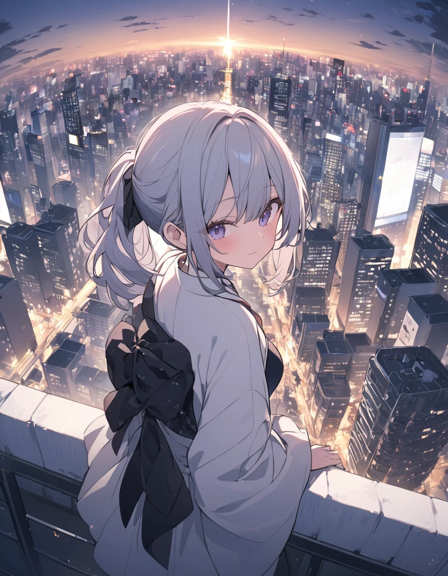 A woman on the roof of a building with a view of downtown Tokyo,