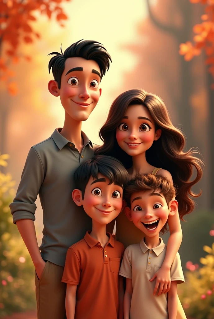 A family with a tall, thin father with black hair and a short mother with long dark brown hair and 2 boys with fair skin. ,  d  light brown hair another aged  light brown hair black hair all smiling, 3D Disney style, pixar