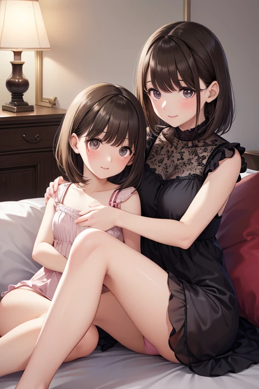 Nene Kasaki々、Mother and daughter, Shiny brown hair, short hair, (Beautiful brown eyes、Sparkling eyes, fine grain)、((Mother and daughter)), smile、Very detailed目、Very detailed顔, Very detailed目,Transparent nightgown,

(masterpiece:1.3, Highest quality, Ultra-high resolution, Very detailed), 
，Cute Face，Long eyelashes，Beautiful Eyes，Small eyes，Dark lipstick，Dark eyeshadow，the body is slim，Thin limbs，Glossy nightgown，(Pink nightgown), (Silk Fabric), Lace Underwear, Transparent underwear, (The same mother), In the living room，Written boundary depth，Very detailed顔，Very beautiful face，Very high quality skin，Looking into the distance，Written boundary depthが浅い，attractive，Beautiful legs，