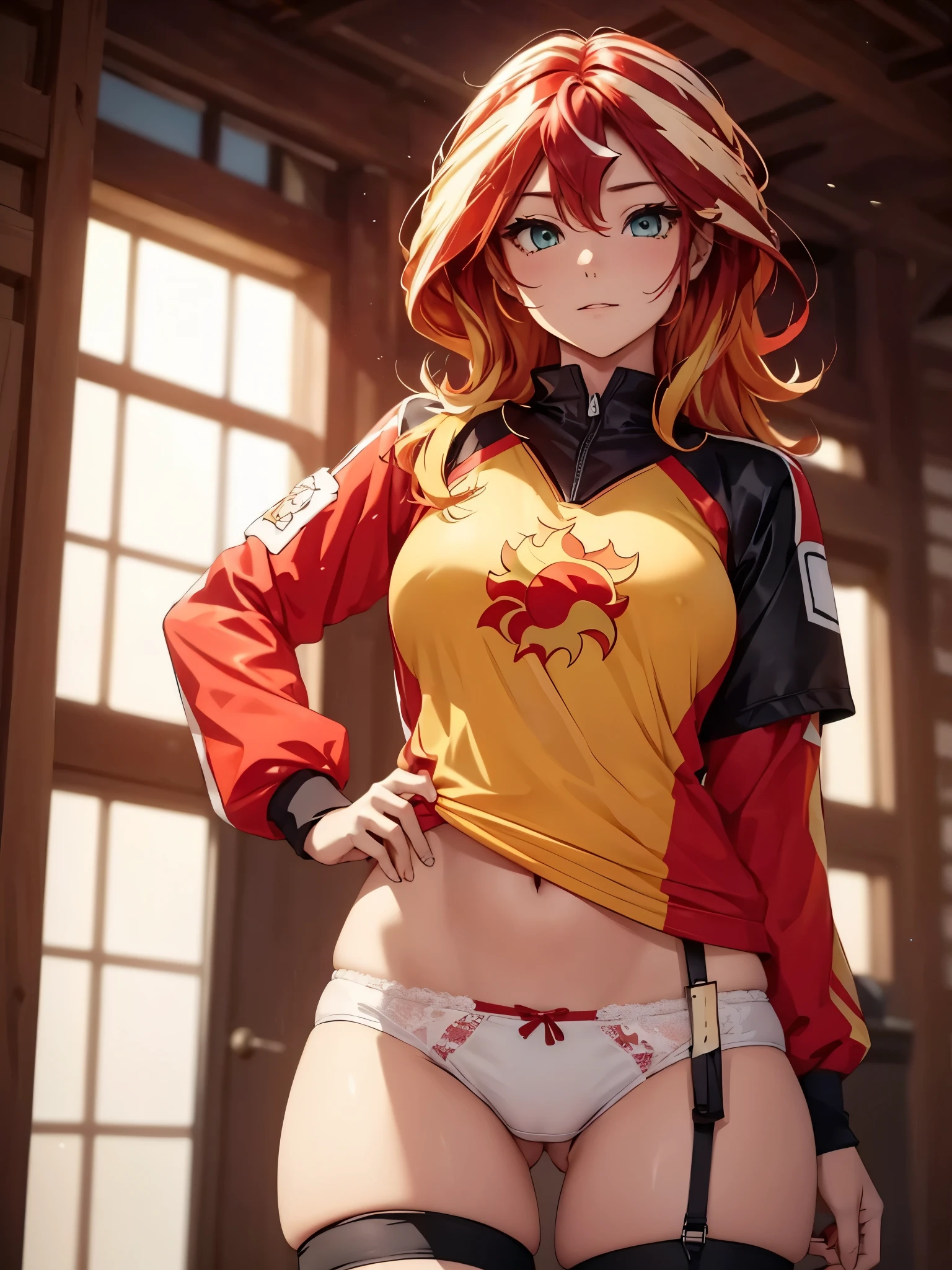 Sunsethuman, female, two tones of hair, red and yellow hair, white lace panties, girl in a jersey, short jersey, thighs