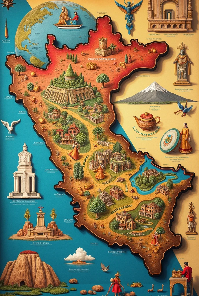 "The Tapestry of Peru"
Description General:
This drawing will represent Peru as a colorful and multifaceted tapestry that combines all the important aspects of the country in a single image..
Key Elements of Drawing:
Map of Peru as a Base:
Description: The outline of the map of Peru will be the background of the drawing. Inside the outline, You will divide the space into sections that represent the different characteristics of the country.
Geographical Diversity:
costa: In the coastal section, draw the arid coast with sand dunes and the Pacific Ocean, including marine elements.
sierra: In the Andes section, shows snowy mountains, green valleys, and a representation of Machu Picchu.
jungle: For the Amazon region, Draw a dense jungle with winding rivers and rich flora and fauna.
Cultural Differences and Resources:
Culture and Tradition: Includes images of the Virgin of Candelaria, The Lord of Miracles, and Pachamama in their respective regions within the map.
Natural resources: Draw symbols of important resources such as minerals (copper, air) and agricultural products (papas, café) in the corresponding areas.
Values and Knowledge:
Indigenous knowledge: Represents ancestral traditions and knowledge with textile art symbols, ceramics, and the use of potatoes in agriculture.
history:
Historical Elements: It includes icons of ancient civilizations such as the Incas and emblematic ruins such as Sacsayhuamán.
Spiritual Protection:
Patrons: Coloca la imagen de la Virgen de la Candelaria y The Lord of Miracles en la parte superior, with rays of light surrounding the map to symbolize protection.
Parties and Celebrations:
Festivities: Add small scenes of festivities such as Inti Raymi and the Fiesta de la Candelaria, represented in small vignettes around the map.
Care of the Territory:
environment: Shows people carrying out conservation activities, such as planting trees and cleaning rivers, in the corresponding areas.