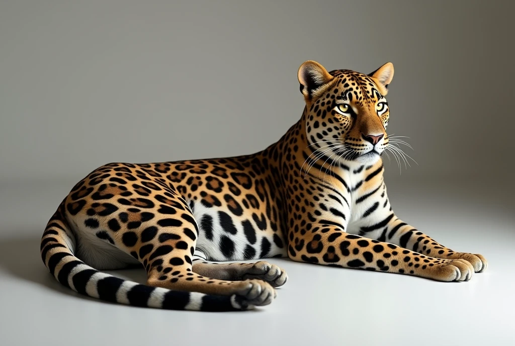 A hyper-realistic high-resolution photograph of a leopard lying gracefully. The leopard is relaxed, its fur displaying intricate, realistic patterns as it lies close to the model’s feet. The lighting is editorial-style, with soft yet defined shadows, enhancing the minimalist and elegant atmosphere. --ar 2:3 --style raw --stylize 200 --v 6.1