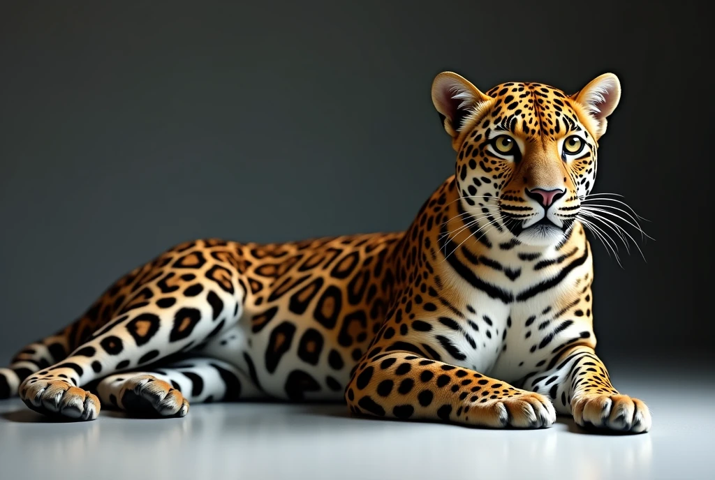 A hyper-realistic high-resolution photograph of a leopard lying gracefully. The leopard is relaxed, its fur displaying intricate, realistic patterns as it lies close to the model’s feet. The lighting is editorial-style, with soft yet defined shadows, enhancing the minimalist and elegant atmosphere. --ar 2:3 --style raw --stylize 200 --v 6.1