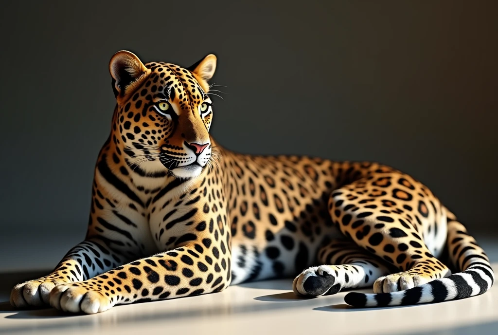 A hyper-realistic high-resolution photograph of a leopard lying gracefully. The leopard is relaxed, its fur displaying intricate, realistic patterns as it lies close to the model’s feet. The lighting is editorial-style, with soft yet defined shadows, enhancing the minimalist and elegant atmosphere. --ar 2:3 --style raw --stylize 200 --v 6.1
