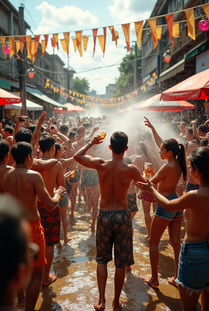 very skinny balinese girl, very small breast, brown skin, cheerlful, laughing out loud, arested, naked, no clothes, showing genital, showing vagina, in the crowd, sweating