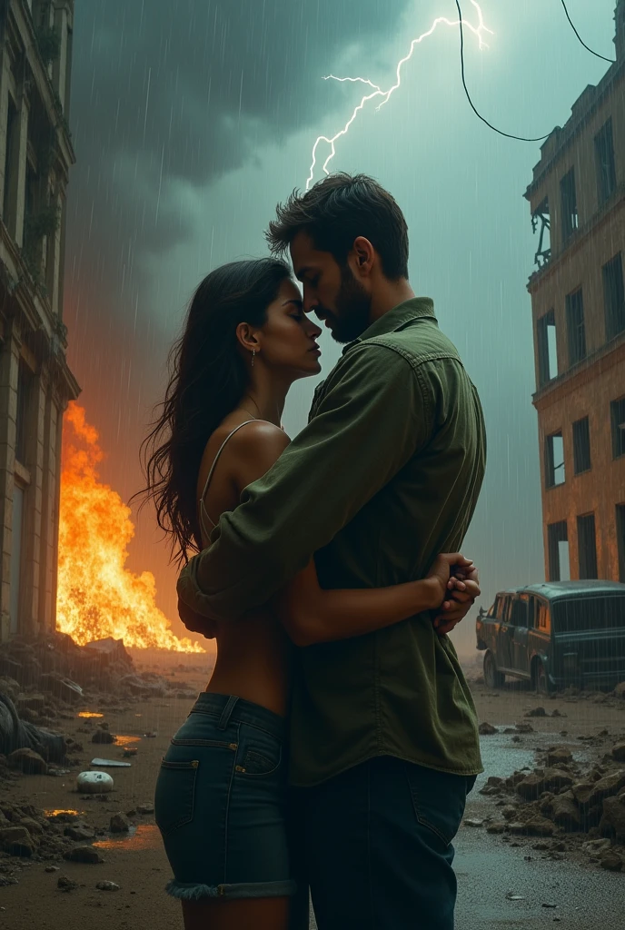 a women and man hugging each other, wreck building with fire, lighting and storm, raining, wreck car, painting art 