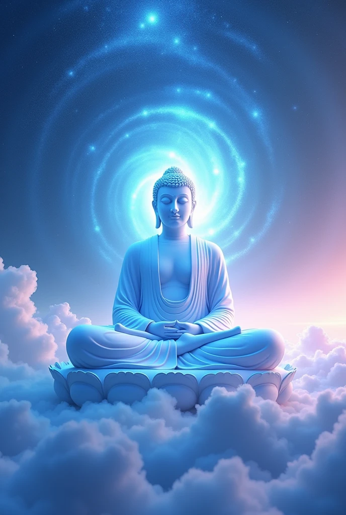 ( perfect anatomy ) Exquisite bright white Buddha statue, kind and compassionate, sitting in meditation in the sky, wide-angle lens shot from bottom to top, tranquil background with vortex, high dynamic rotating stars, clouds, blue and purple, exquisite art, realistic ultra-fine digital art style, blue fluorescent, luminescent, The transparent luminous wide-angle lens shoots from bottom to top, full of fantasy elements and a dreamy, mysterious and magical atmosphere.,Romantic movie shooting master art masterpiece high detail high detail digital art,fantasy art show,Surrealism