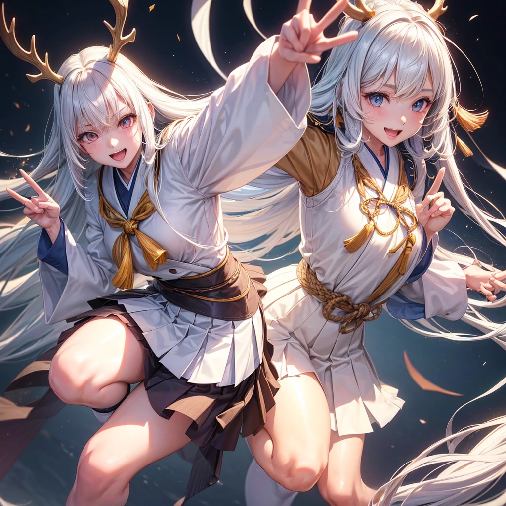 1girl,long white hair,wolfcut hairstyle,large expressive dark eyes,cheerful expression,slightly open mouth,smiling,traditional japanese school uniform,white blouse,light blue scarf,dark blue pleated skirt,large light brown antlers,standing pose,legs slightly apart,knee-high white socks,brown loafers,hand raised,peace sign gesture,(best quality,4k,8k,highres,masterpiece:1.2),ultra-detailed,(realistic,photorealistic,photo-realistic:1.37),fantasy,anime style,vibrant colors,warm lighting
