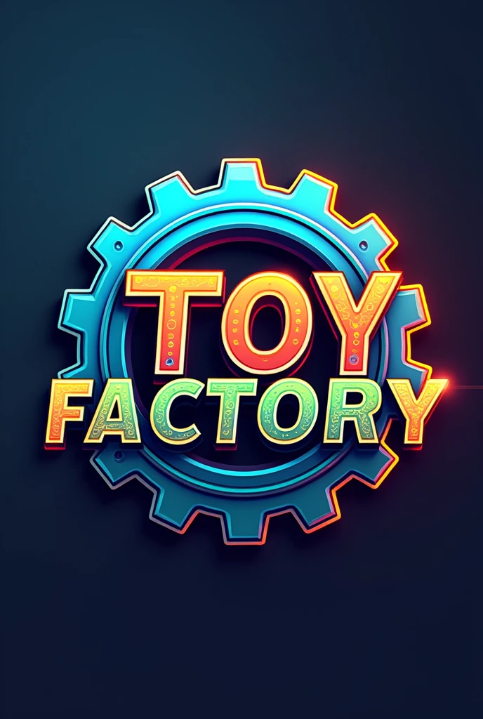 Make me a logo for the company TOY FACTORY where the letters are replaced by gears, and where the main element is a gear, The main colors are, blue, orange, green and yellow, In neon, the typography is toy-like and in cinematic mode