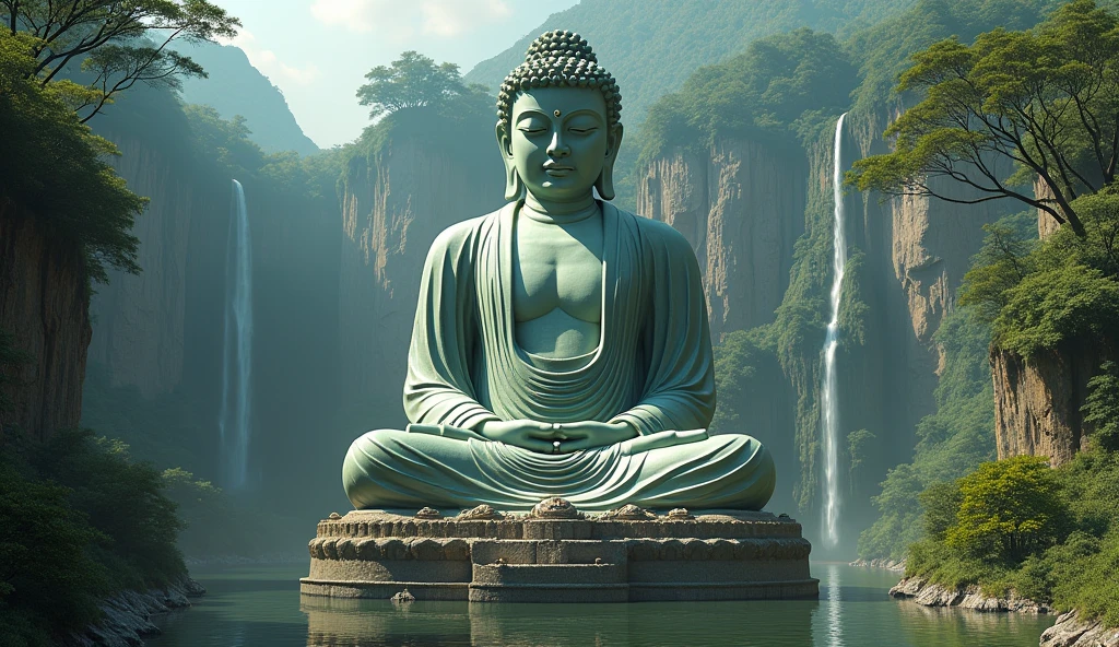 A giant, Realistic depiction of Leshan Buddha, Blend seamlessly with nature, surrealism, Ultra-detailed, Photorealistic:1.37, 3D rendering, Cinematic lighting, Divine light, Ultra-high definition, Masterpiece:1.2, Textured skin, Best quality, high resolution