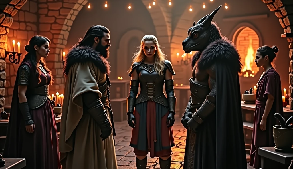 in a medieval tavern, 1female human, 1male elf, 1male orc, 1dragon humanoid, 1female halfling. bidding farewell, detailed, cinematic lighting, intricate details, warm color palette, dramatic shadows, moody atmosphere, fantasy art