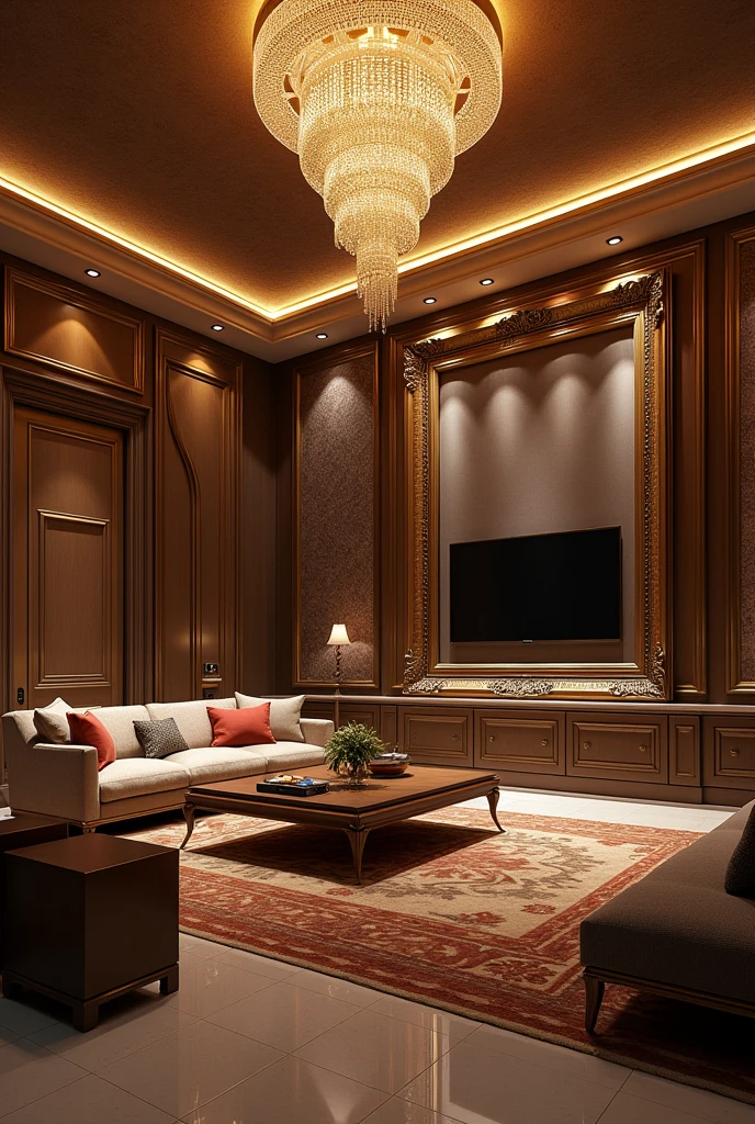 Beautiful luxury home with so many lights and beautiful very big room having big television and big frame