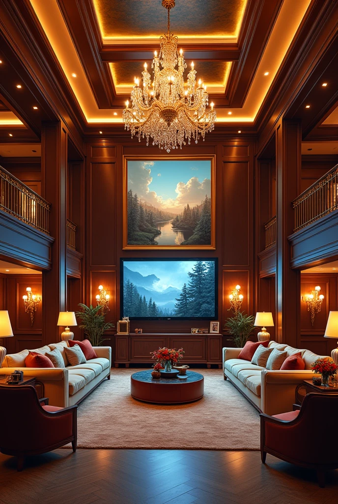 Beautiful luxury home with so many lights and beautiful very big room having big television and big frame