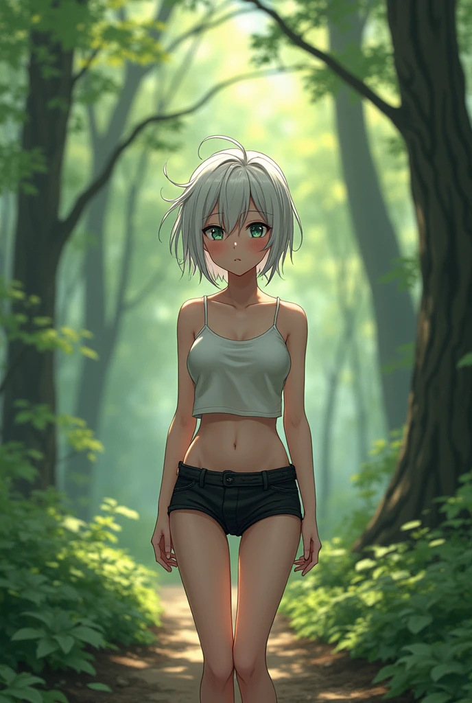 , 1girl, anime, short black skirt, woods, white short hair, messy hair, bottomless, NSFW, standing, distracted, shorts on knees
