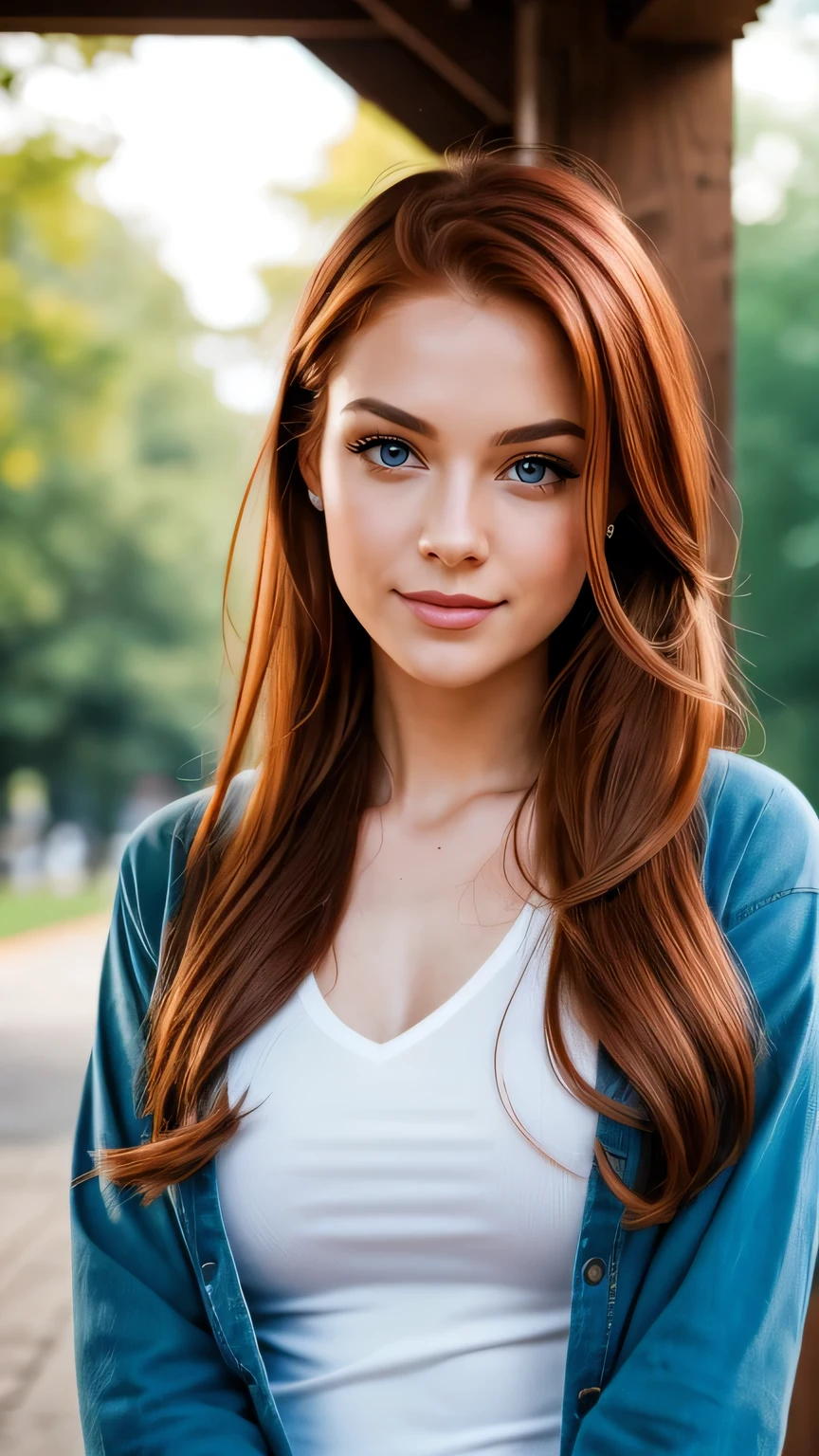 Realistic full body photo of a smiling, Young red-haired girl with long hair, ponytail hairstyle, She dances in front of the camera in a tight long blue shirt and tight white jeans, Park,glamour fotoshooting, Park, perfect anatomy, perfect green eyes. Perfect hands with 5 fingers on each hand, Matching girl, look into the camera, 1 Frau. (Eye make up:1.1), (highly detailed skin:1.1), spirit, analog style, keen focus, 8K UHD, dslr, good quality, Fujifilm XT3, Grain, Award-winning, masterpiece. Park