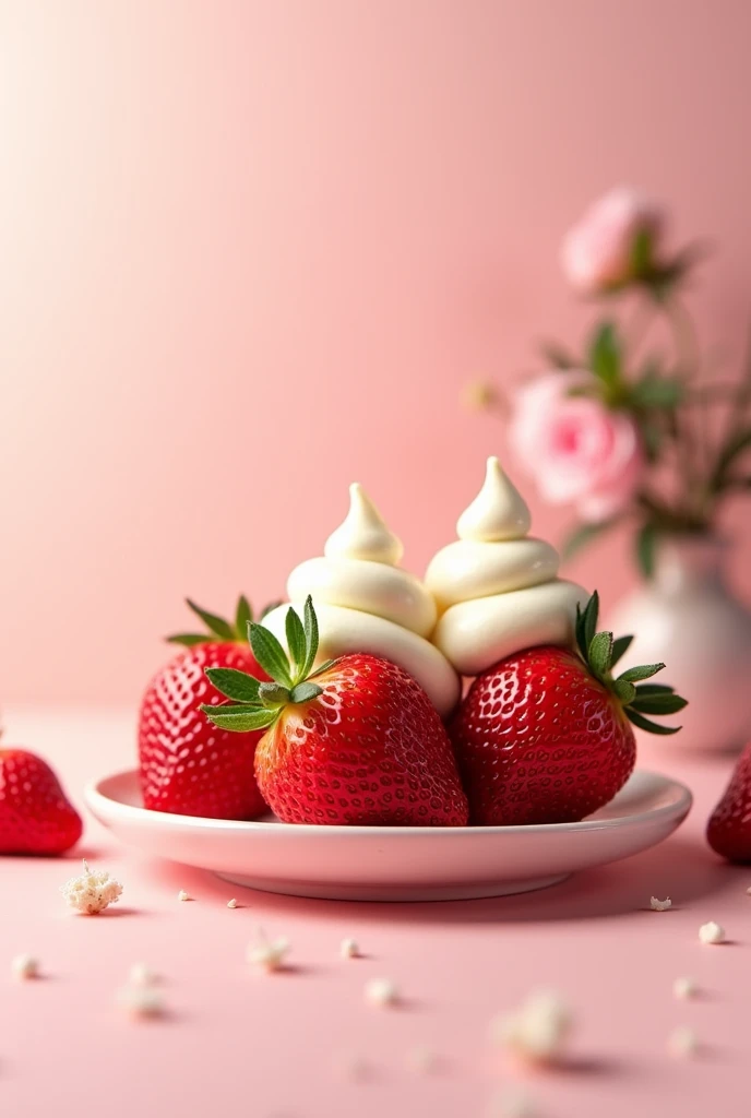 
Strawberries with cream on a pink background